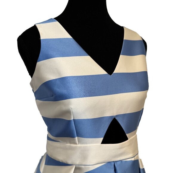 Topshop Blue White Stripe Cutout Mini Dress Size 6 Fitted Sleeveless V-Neck - Picture 3 of 9